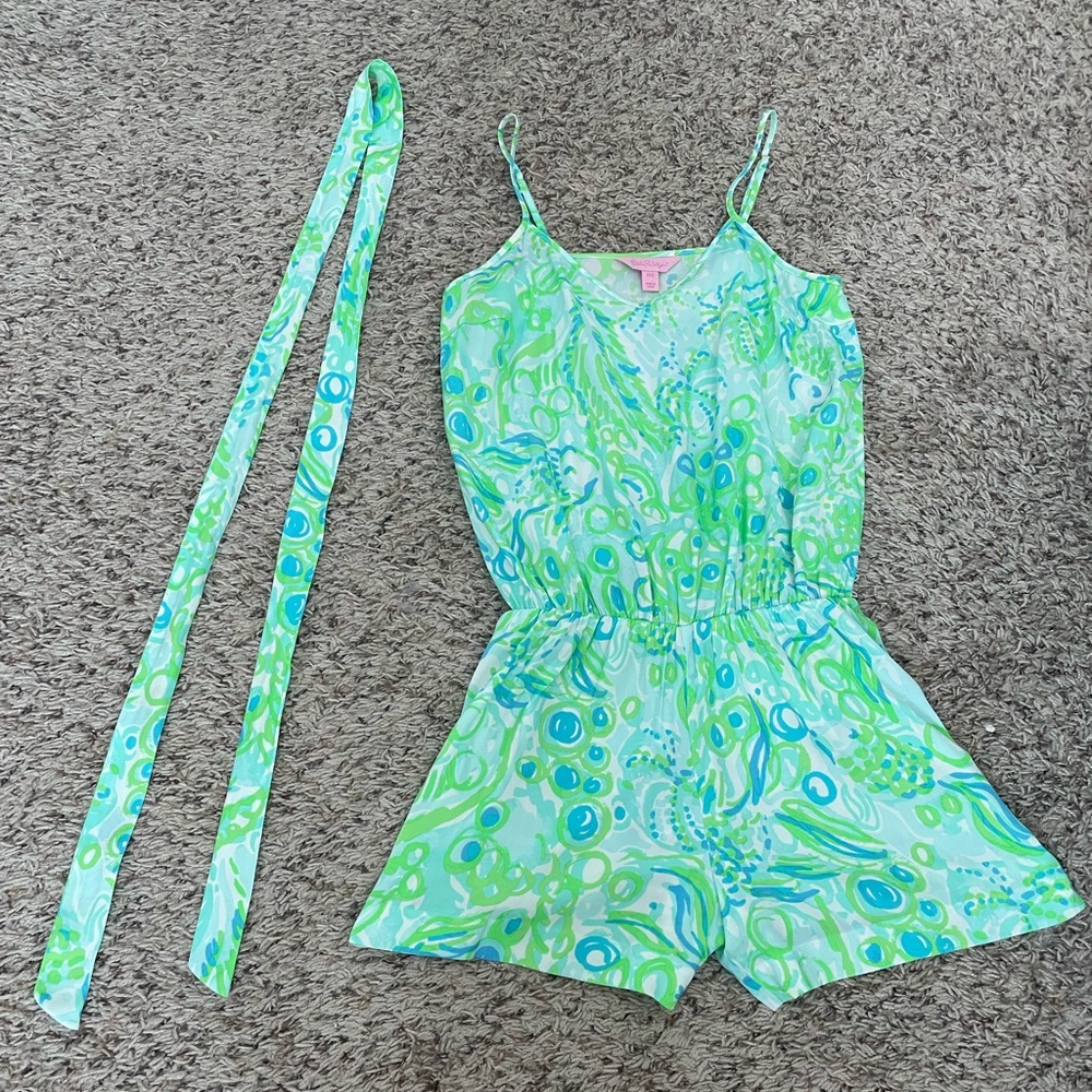 Lilly Pulitzer Silk Bright Green and Blue Romper